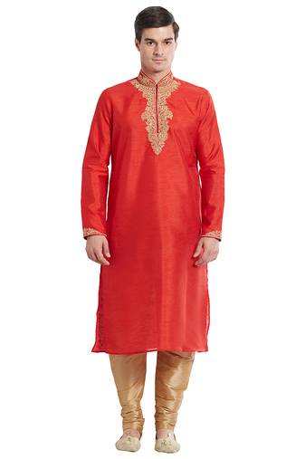 Red art silk straight embroidery kurta for men's