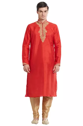 Red art silk straight embroidery kurta for men's