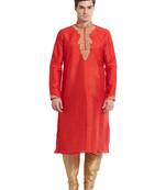 Red art silk straight embroidery kurta for men's
