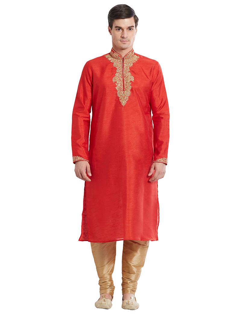 Red art silk straight embroidery kurta for men's