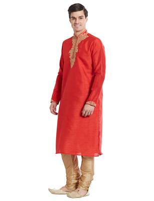 Red Art silk straight embroidery kurta for men's 2