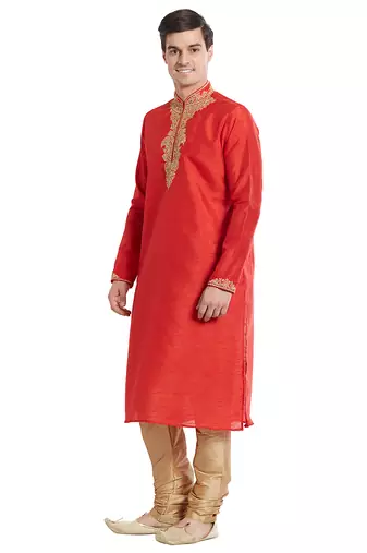Red art silk straight embroidery kurta for men's
