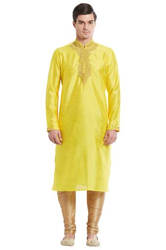 Yellow art silk straight embroidery kurta for men's