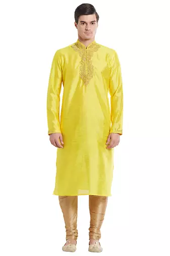 Yellow art silk straight embroidery kurta for men's