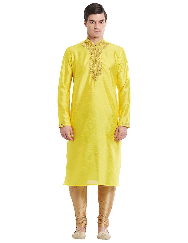 Yellow art silk straight embroidery kurta for men's