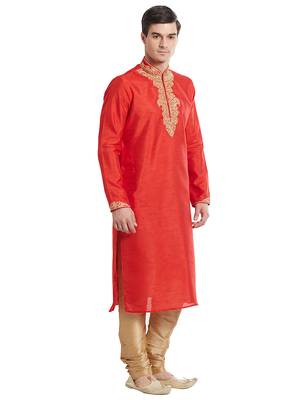 Red Art silk straight embroidery kurta for men's 3