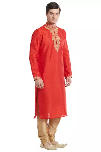 Red art silk straight embroidery kurta for men's