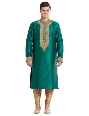 Green Art silk straight embroidery kurta for men's 1