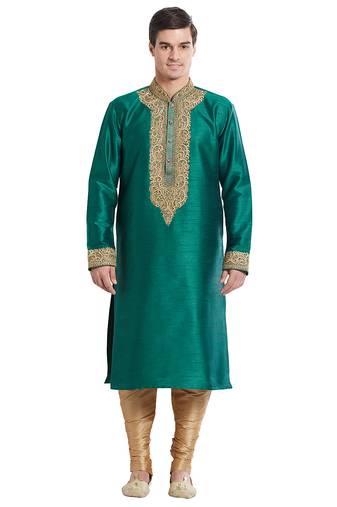 Green art silk straight embroidery kurta for men's