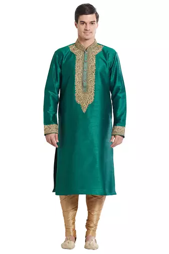 Green art silk straight embroidery kurta for men's