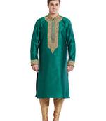 Green art silk straight embroidery kurta for men's