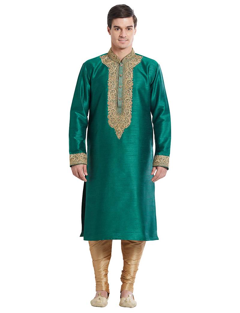 Green art silk straight embroidery kurta for men's