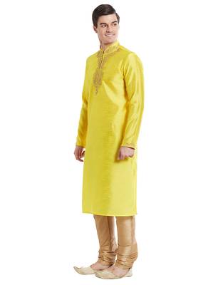 Yellow Art silk straight embroidery kurta for men's 2