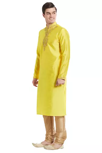 Yellow art silk straight embroidery kurta for men's