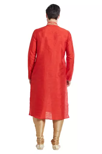 Red art silk straight embroidery kurta for men's