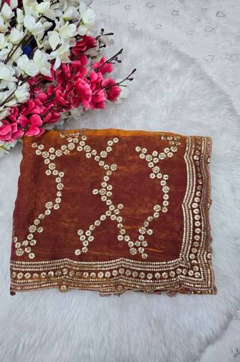 Orange Color Sequence Work Silk Saree