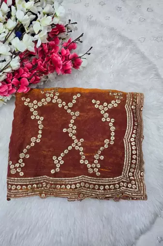 Orange Color Sequence Work Silk Saree