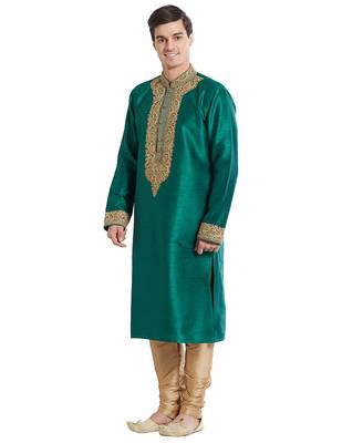 Green Art silk straight embroidery kurta for men's 2