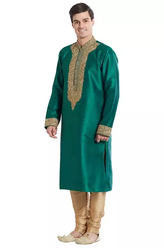 Green art silk straight embroidery kurta for men's