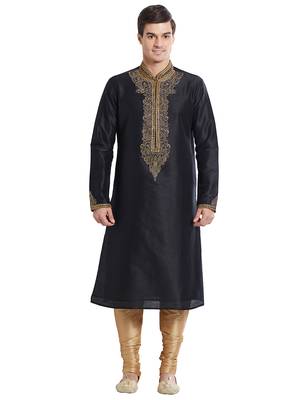 Black Art silk straight embroidery kurta for men's 1