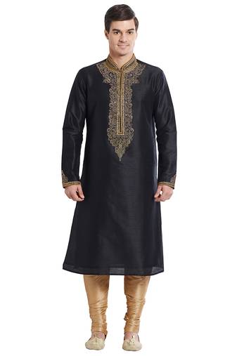 Black art silk straight embroidery kurta for men's