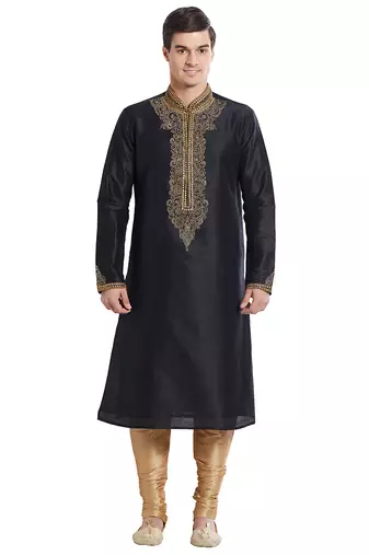 Black art silk straight embroidery kurta for men's