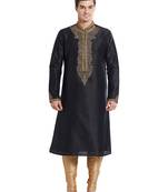 Black art silk straight embroidery kurta for men's