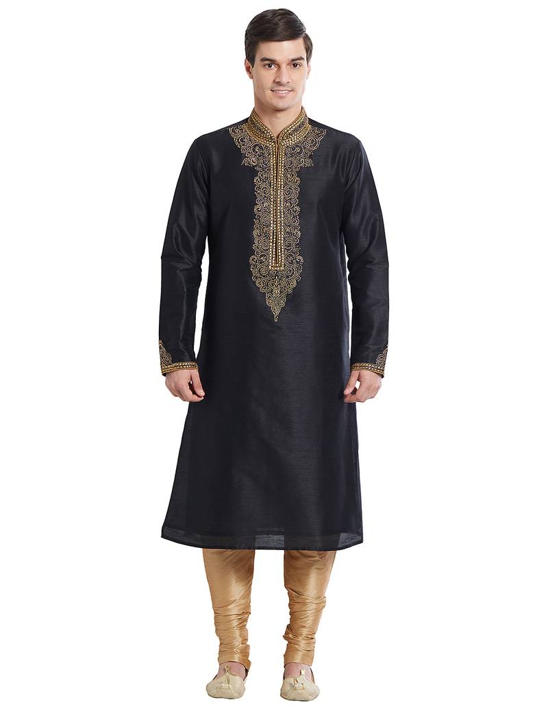 Black art silk straight embroidery kurta for men's