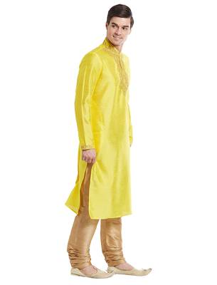 Yellow Art silk straight embroidery kurta for men's 3