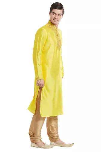 Yellow art silk straight embroidery kurta for men's