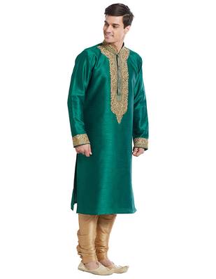 Green Art silk straight embroidery kurta for men's 3