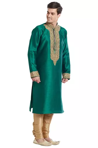 Green art silk straight embroidery kurta for men's