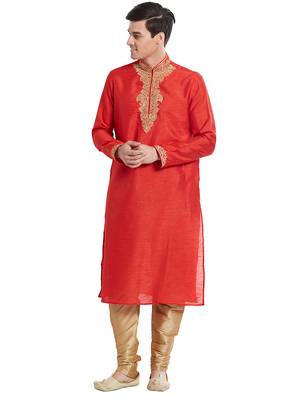 Red Art silk straight embroidery kurta for men's 5