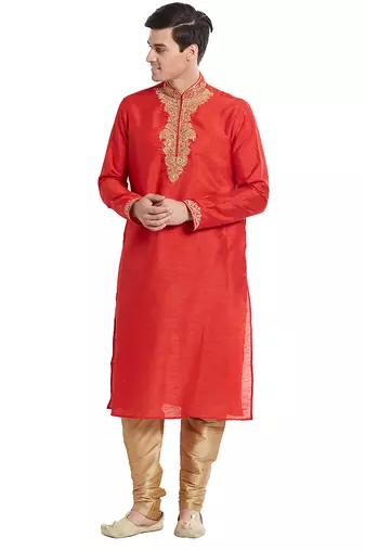 Red art silk straight embroidery kurta for men's