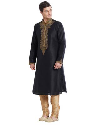 Black Art silk straight embroidery kurta for men's 2