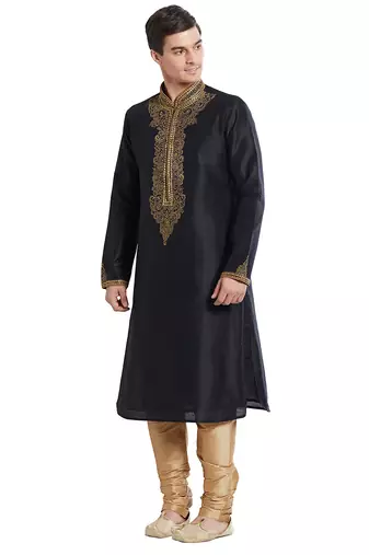 Black art silk straight embroidery kurta for men's