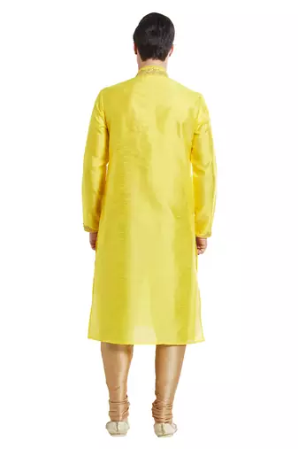 Yellow art silk straight embroidery kurta for men's