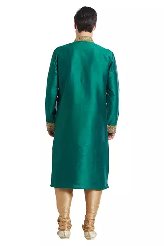 Green art silk straight embroidery kurta for men's