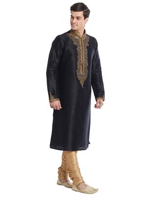 Black Art silk straight embroidery kurta for men's 3