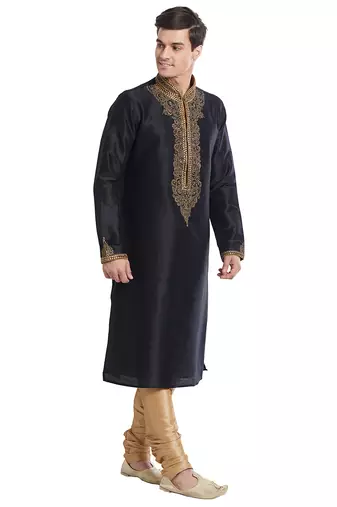 Black art silk straight embroidery kurta for men's