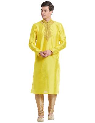 Yellow Art silk straight embroidery kurta for men's 5