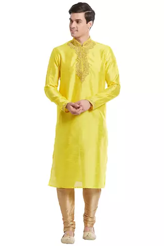 Yellow art silk straight embroidery kurta for men's