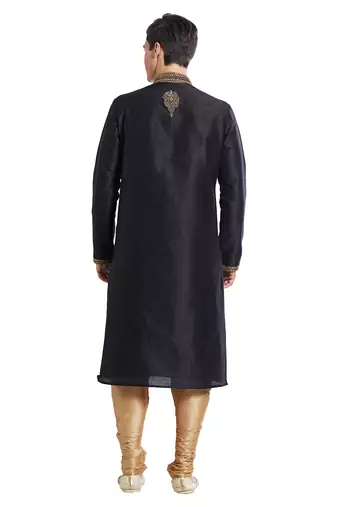Black art silk straight embroidery kurta for men's