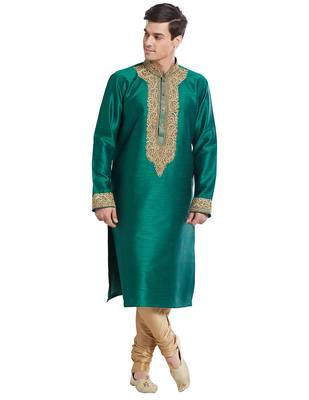 Green Art silk straight embroidery kurta for men's 5