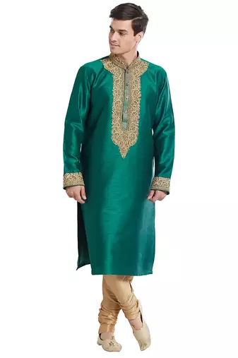 Green art silk straight embroidery kurta for men's