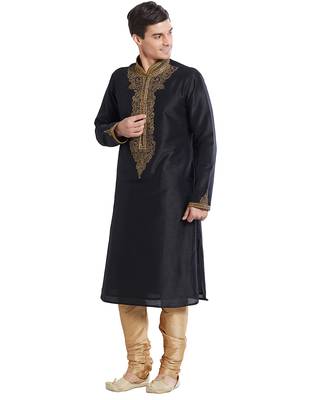 Black Art silk straight embroidery kurta for men's 5