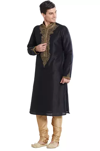 Black art silk straight embroidery kurta for men's