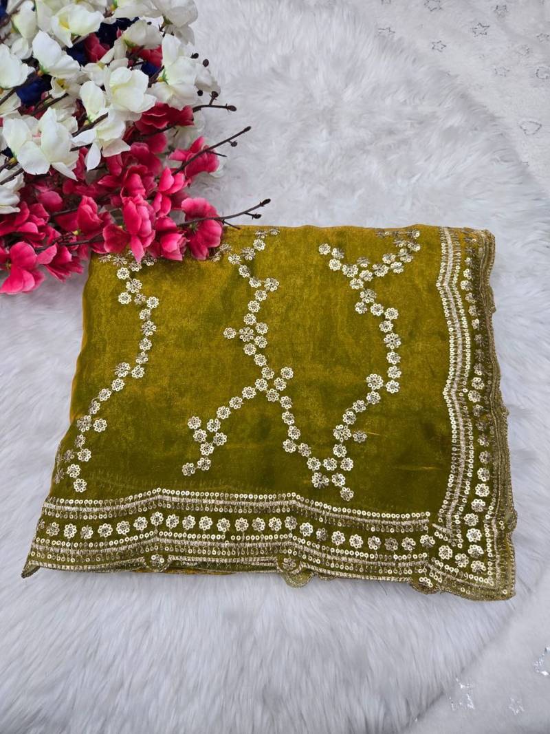 Parrot Green  Color Sequence Work Silk Saree