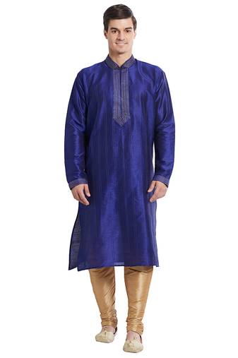 Blue art silk straight stitched kurta for men's
