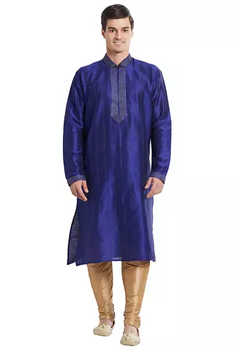 Blue art silk straight stitched kurta for men's